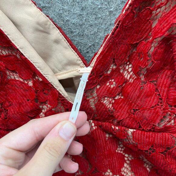 Free People Dress Women 6 Red Lace Over Nude Sleeveless Lined Mini Pencil - Picture 6 of 10